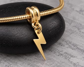 Tiny Gold Lightning Bolt European Dangle Charm, Mini Thunderbolt Pendant for European Bracelet, Snake Chain Charm