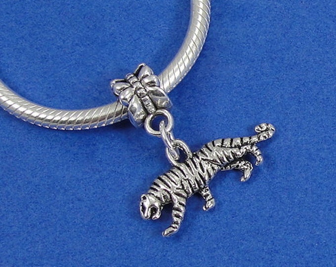 Tiger European Dangle Bead Charm - Silver Tiger Charm for European Bracelet