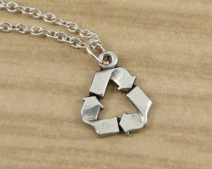 Recycle Symbol Necklace, Silver Plated Recycling Charm on a Silver Cable Chain