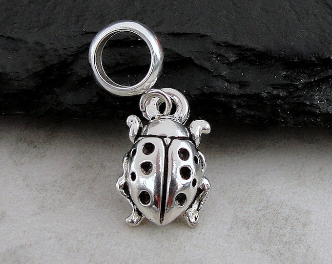 Silver Ladybug European Dangle Bead Charm, Tiny Ladybird Dangle Charm, Beetle Insect Dangle Charm, Big Hole Bead, Large Hole Bead