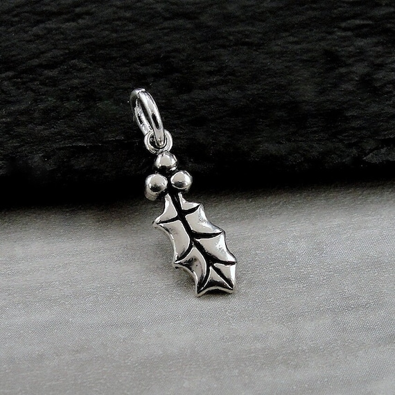 Holly Leaf and Berries Charm Sterling Silver Antiqued Finish Holly Leaf and Berries Charm Sterling Silver Antiqued Finish