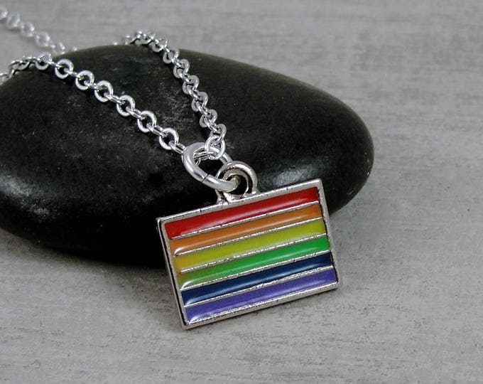 LGBTQ Pride Flag Necklace, Rainbow Gay Pride Charm on a Silver Cable Chain