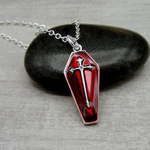 Red Coffin Necklace, Silver and Red Enamel Coffin Charm Necklace, Vampire Goth Charm Necklace, Casket Charm Necklace, Halloween Jewelry