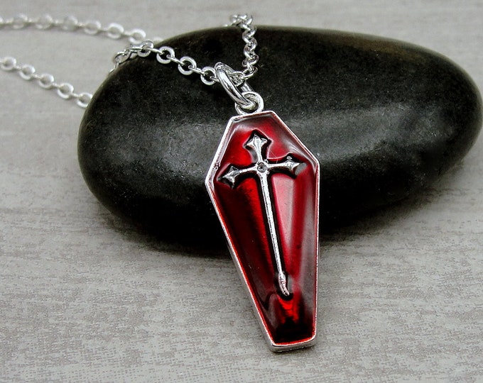 Red Coffin Necklace, Silver and Red Enamel Coffin Charm Necklace, Vampire Goth Charm Necklace, Casket Charm Necklace, Halloween Jewelry