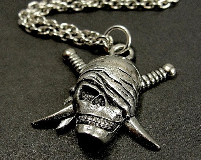 Pirate Skull Necklace, Silver Pirate Skull Charm on a Silver Cable Chain