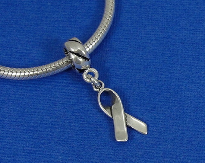 Awareness Ribbon European Dangle Bead Charm - Sterling Silver Cancer Awareness Ribbon Charm for European Bracelet