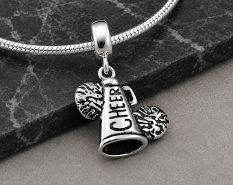 925 Sterling Silver Cheerleader Megaphone Dangle Charm, Cheerleader European Charm, Cheerleader Pom Poms Charm, Cheerleader Gift Jewelry