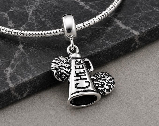 925 Sterling Silver Cheerleader Megaphone Dangle Charm, Cheerleader European Charm, Cheerleader Pom Poms Charm, Cheerleader Gift Jewelry