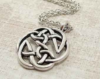 Woven Celtic Knot Necklace, Silver Celtic Knot Pendant on a Silver Cable Chain