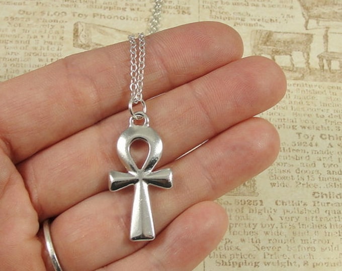 Ankh Necklace, Silver Plated Ankh Charm on a Silver Cable Chain