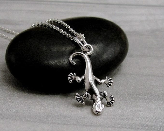 925 Sterling Silver Gecko Necklace, Gecko Charm Necklace, Lizard Charm Necklace, Salamander Necklace, Silver Reptile Jewelry Gift