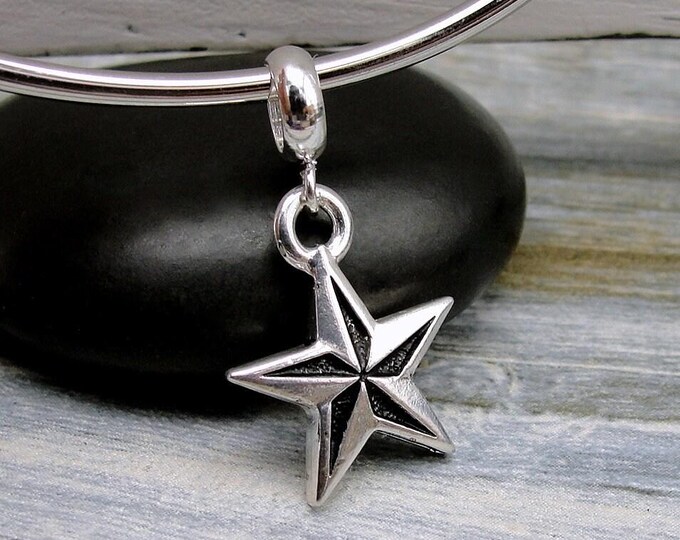 Nautical Star European Charm, Silver North Star Dangle Charm, Nautical Star Charm with Bail, Snake Bracelet Charm, Large Hole Bead