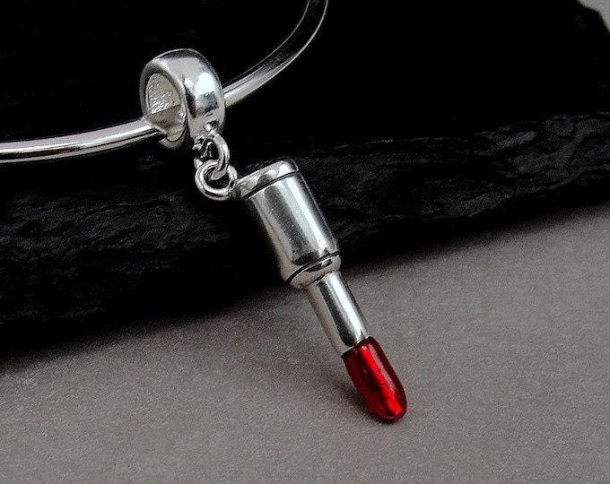 Sterling Silver Lipstick European Dangle Bead Charm, Red Lipstick Charm, Makeup Charm with Bail, Fashion Charm, Large Hole Bead