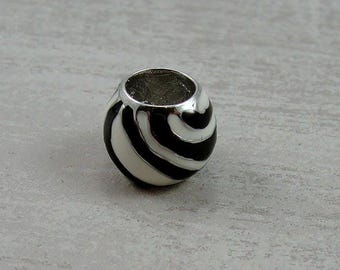 Zebra Stripe European Charm, Zebra Pattern Bead, Zebra Stripe Bracelet Charm, Black and White Swirl Charm, Large Hole Bead, Big Hole Bead