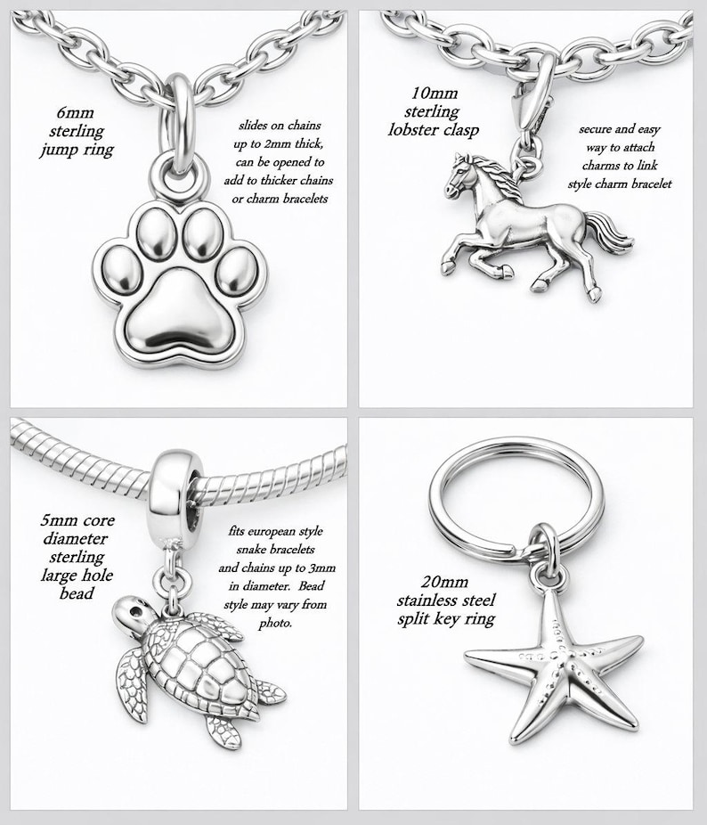 The image is a collage of four different charms, each with unique designs and sizes. The charms include a lobster clasp, a key ring, a turtle, and a starfish.