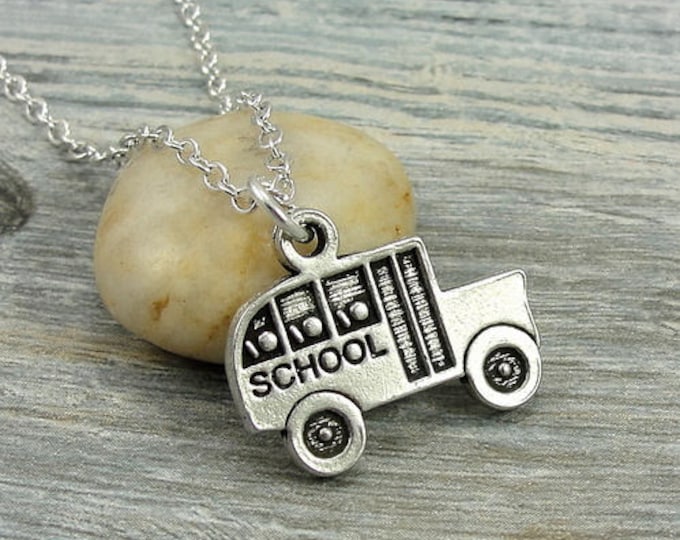 School Bus Necklace, Silver School Bus Charm on a Silver Cable Chain