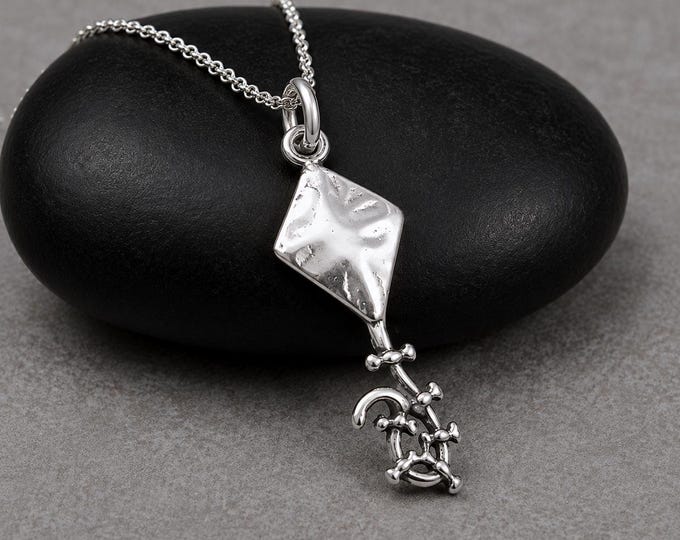 Sterling Silver Kite Necklace, Kite Charm, Double-Sided Kite Pendant, Flying Kite Jewelry, Kite Gift