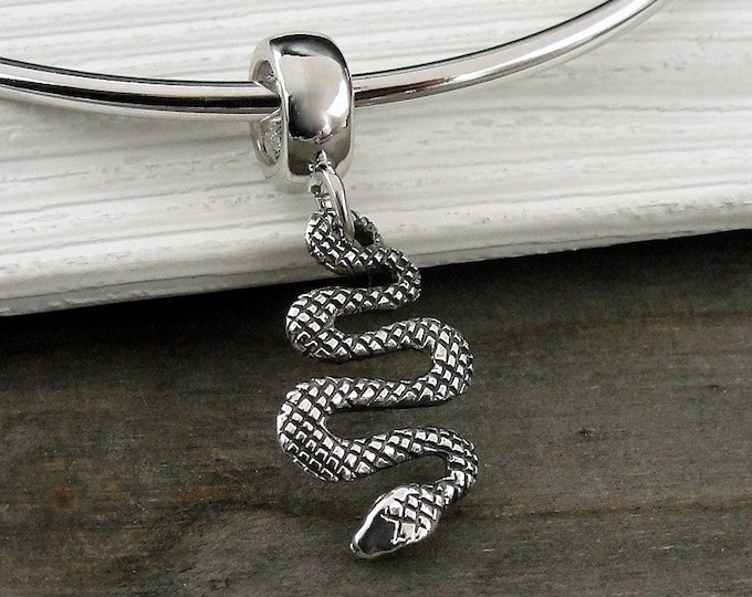 Snake European Charm, 925 Sterling Silver Rattlesnake Dangle Charm, Boa Constrictor Charm with Bail, Copperhead Charm, Python Charm Jewelry