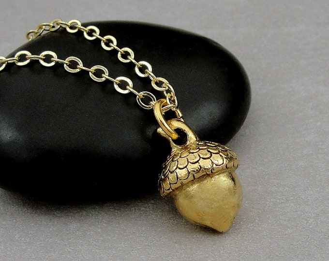Acorn Necklace, Gold Plated Acorn Charm on a Gold Cable Chain