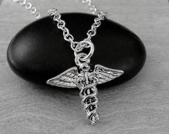 Silver Medical Caduceus Necklace, Medical Symbol Necklace, Caduceus Charm, Caduceus Pendant, Doctor Charm, Nurse Charm, Medical Charm