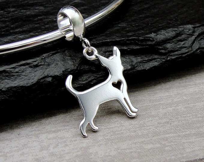 Chihuahua European Charm, Sterling Silver Chihuahua Heart Charm, Chihuahua Charm with Bail, Snake Bracelet Charm, Large Hole Bead