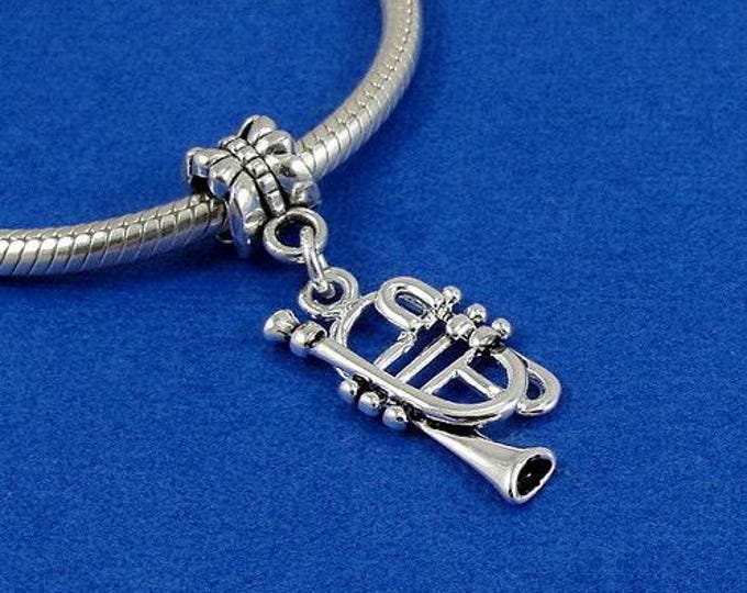 Trumpet European Dangle Bead Charm - Silver Trumpet Charm for European Bracelet