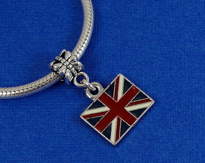 British Flag European Dangle Bead Charm - Silver British Flag Charm for European Bracelet