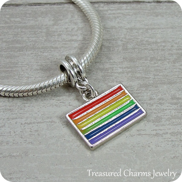 LGBTQ Pride Flag European Dangle Bead Charm - Silver Plated Rainbow Gay Pride Charm for European Bracelet