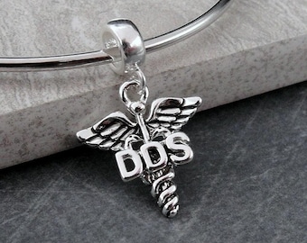 Silver DDS Caduceus Dangle Charm, Dentist Symbol Charm, DDS Symbol Charm, Dentist Dangle Charm, Large Hole Bead, Big Hole Bead, Dentist Gift