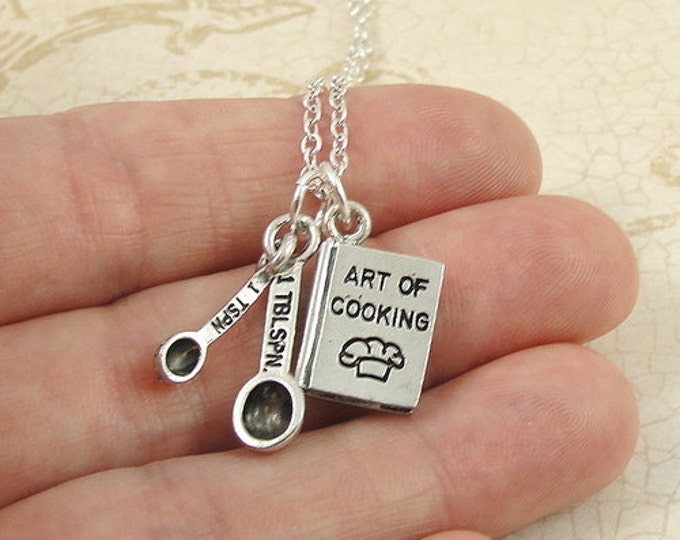 Bakers Cookbook and Measuring Spoons Necklace, Silver Plated Baking Charm on a Silver Cable Chain