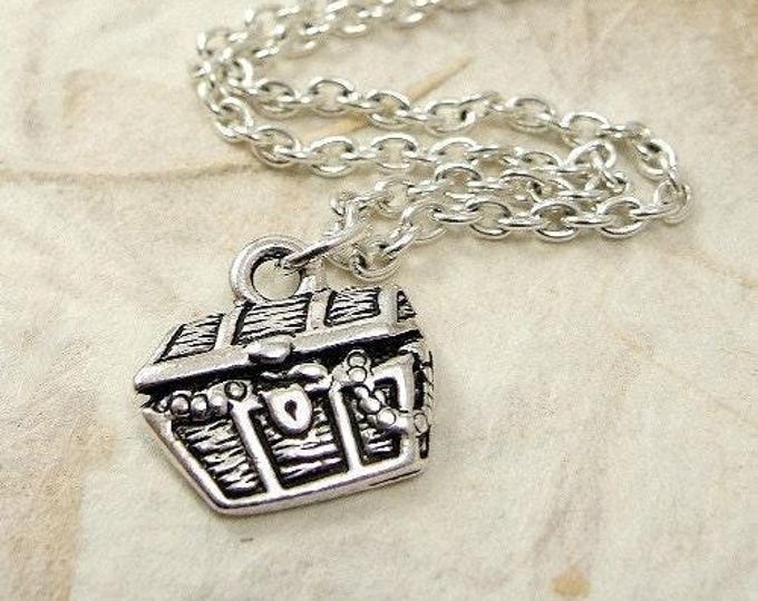 Treasure Chest Necklace, Silver Plated Buried Treasure Chest Charm on a Silver Cable Chain