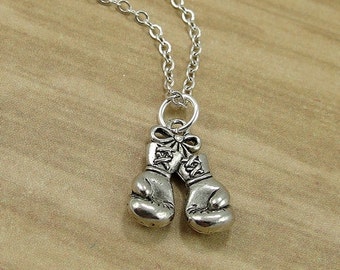 Boxing Gloves Necklace, Silver Boxing Gloves Charm on a Silver Cable Chain