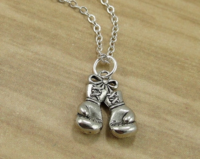 Boxing Gloves Necklace, Silver Boxing Gloves Charm on a Silver Cable Chain