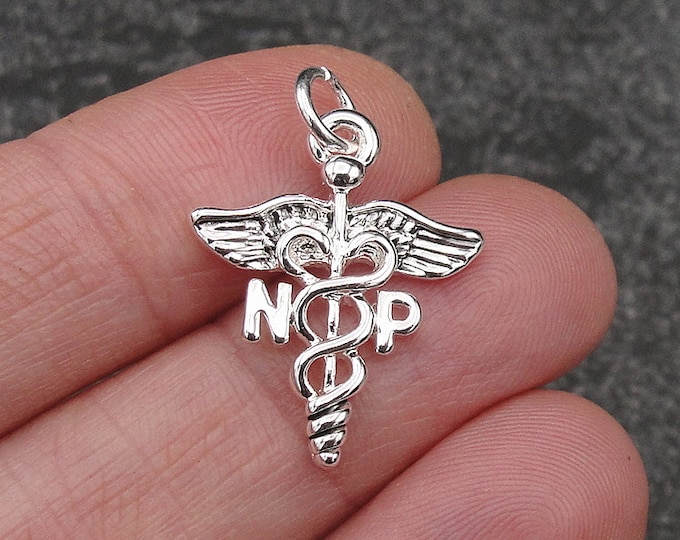 Silver Nurse Practitioner Charm, NP Caduceus Charm, NP Symbol Charm, Nurse Jewelry, Nurse Necklace Charm, Bracelet Charm, Nurse Gift