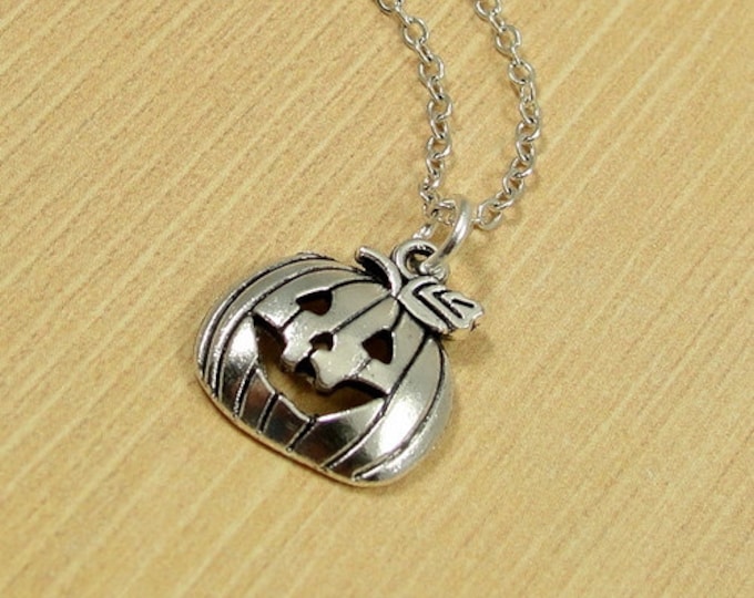 Jack O Lantern Necklace, Silver Pumpkin Jack O Lantern Charm on a Silver Cable Chain