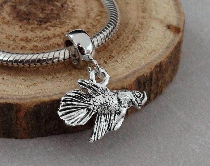 Betta European Charm, Silver Betta Dangle Charm, 3D Betta Fish Charm with Bail, Betta Large Hole Bead, Betta Bracelet Charm, Betta Gift
