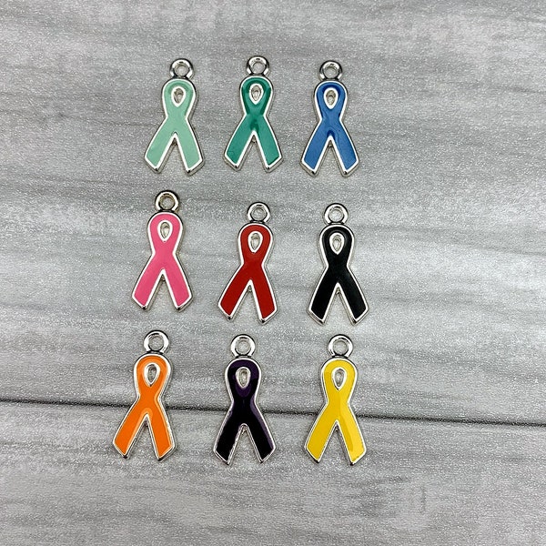 CLOSEOUT - Epoxy Awareness Ribbon Charms - Silver Plated and Pink, Teal, Blue, Orange, Yellow, Black, Purple, Red Awareness Ribbon Charms