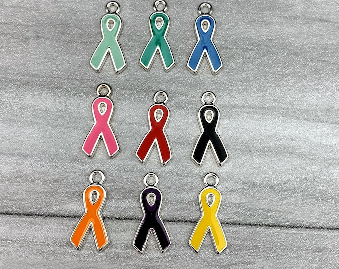 CLOSEOUT - Epoxy Awareness Ribbon Charms - Silver Plated and Pink, Teal, Blue, Orange, Yellow, Black, Purple, Red Awareness Ribbon Charms