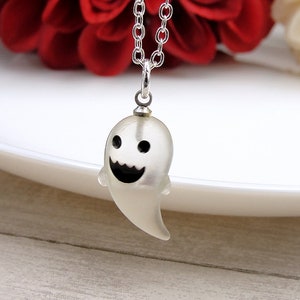 Ghost Necklace, White Resin Ghost Charm, Halloween Ghost Pendant, Spooky Ghost Halloween Charm, Haunted Halloween Ghost Ghoul Jewelry