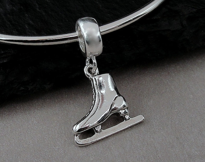 Ice Skate European Charm, Sterling Silver Figur Skater Dangle Charm, Ice Skating Charm with Bail, Snake Bracelet Charm, Large Hole Bead