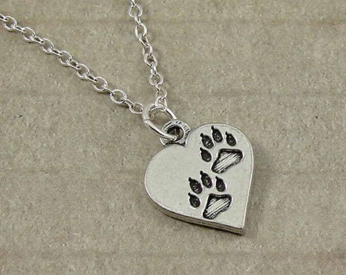 Pet Lover Paws on Heart Necklace, Silver Heart Paws Charm on a Silver Cable Chain