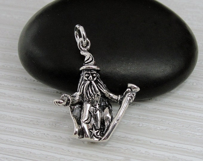 Wizard Charm, Sterling Silver 3D Wizard Charm for Necklace or Bracelet, Sorcerer Charm, Magician Charm, 925 Wizard Necklace Charm