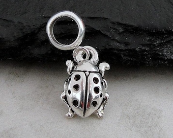 Silver Ladybug European Dangle Bead Charm, Tiny Ladybird Dangle Charm, Beetle Insect Dangle Charm, Big Hole Bead, Large Hole Bead