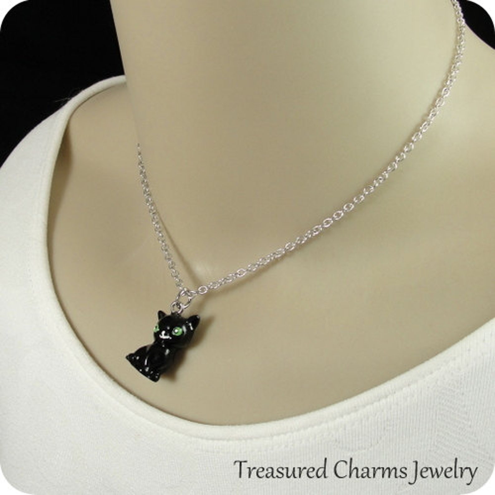 Black Cat Necklace Black Cat Charm on a Silver Cable Chain Etsy