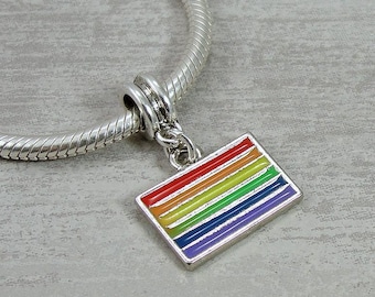Rainbow Pride European Charm, Gay Pride Flag Dangle Charm, LGBTQ European Charm, Enamel Rainbow Flag Charm, Rainbow Flag European Bead