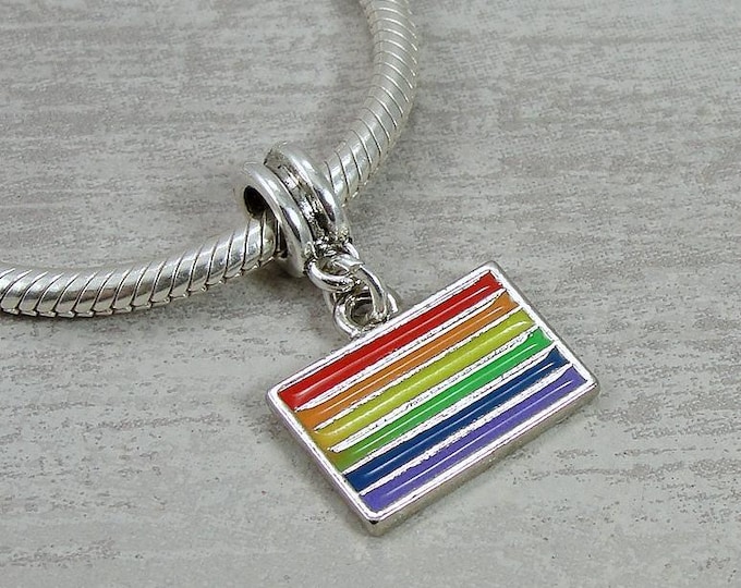 Rainbow Pride European Charm, Gay Pride Flag Dangle Charm, LGBTQ European Charm, Enamel Rainbow Flag Charm, Rainbow Flag European Bead
