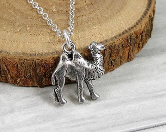 Two Hump Camel Necklace, Silver Bactrian Camel Charm on a Silver Cable Chain