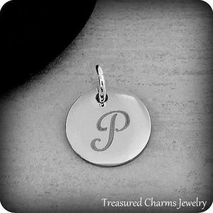 Stainless Steel Letter P Charm, Silver Engraved Letter P Round Disc Initial Charm, Cursive P Charm, Engraved Alphabet Script Font Pendant