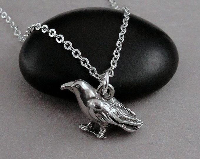 Crow Necklace, Silver Raven Charm Necklace, Rook Charm Necklace, 3D Raven Necklace, 3D Black Bird Necklace, Bird Lover Gift Jewelry