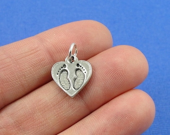 Baby Heart Footprint Charm - Silver Plated Heart Footprint Charm for Necklace or Bracelet